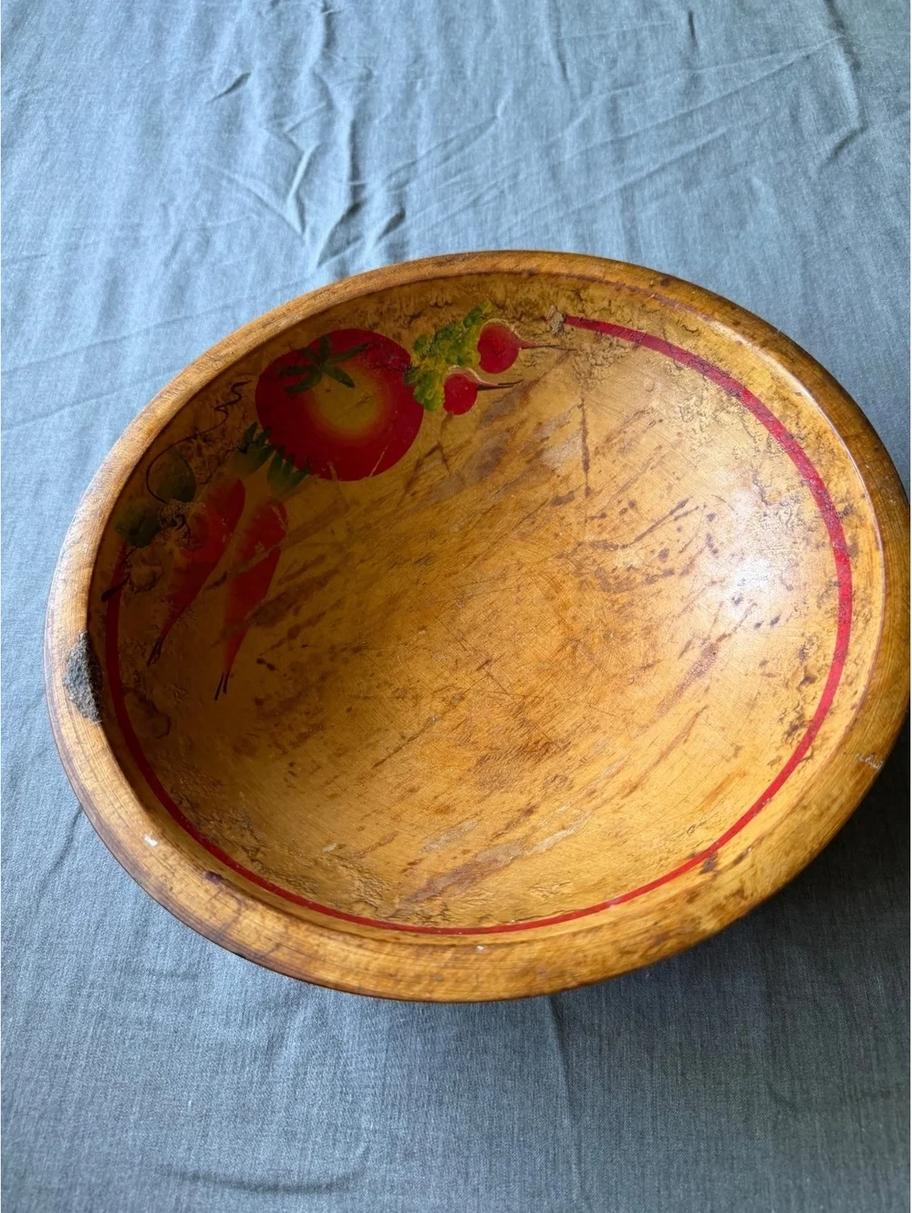 1950s Primitive Wooden Dough Bowl Painted Vegetables Decorative